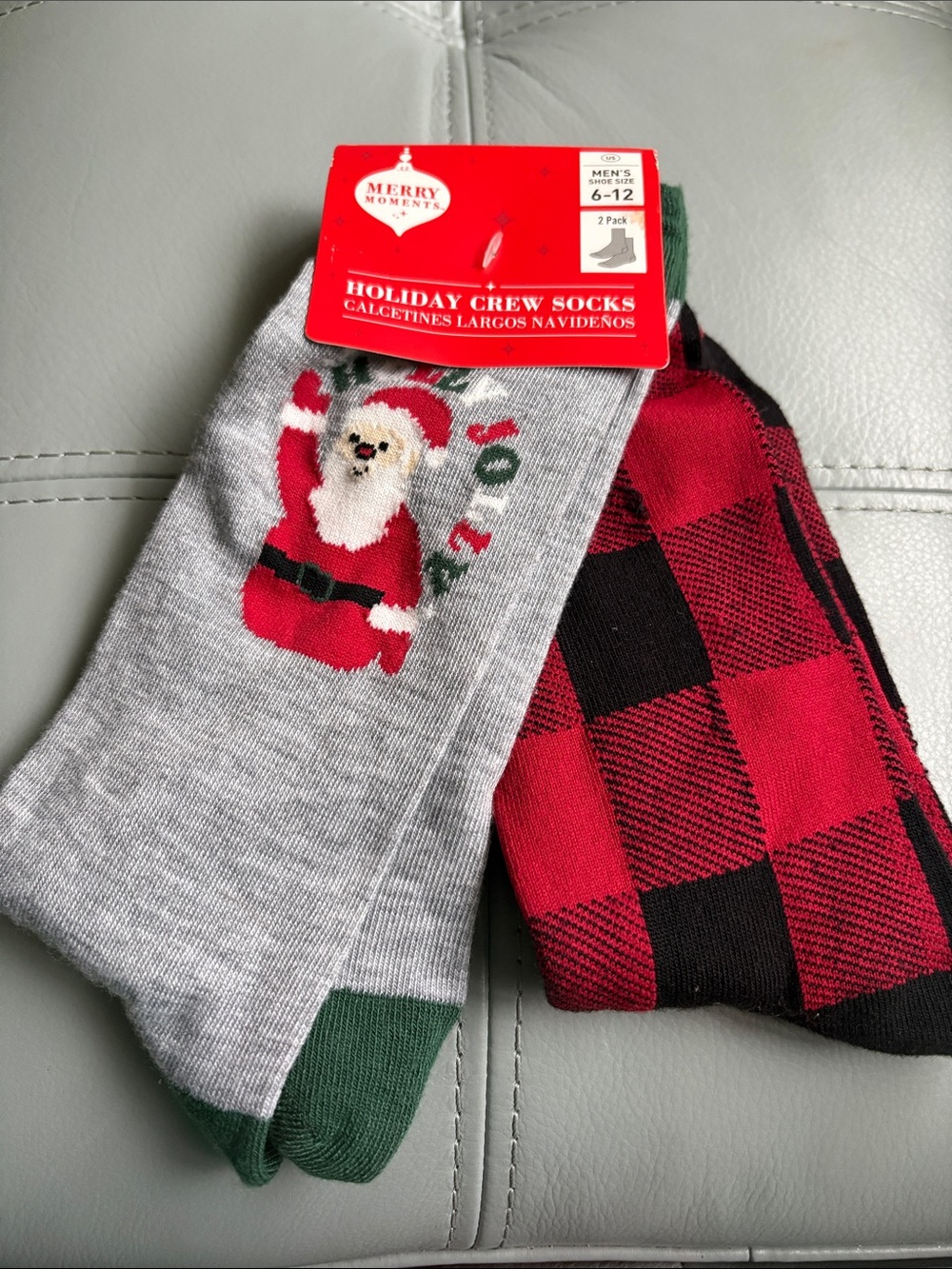 Men's Holiday Crew Socks - Gray Santa & Red Buffalo Plaid - 2-Pack